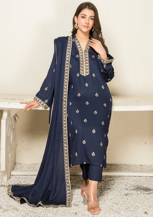 3Pc Tilla Embroidered Silk Karandi with Tilla Embroidered Border Shawl W24-TIL-0014