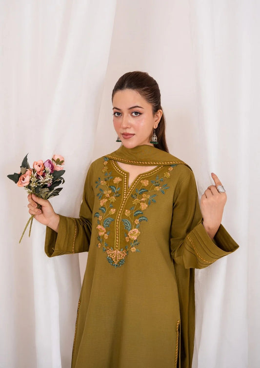 3pc Embroidered Rib Karandi with Embroidered Border Shawl AML-W25-0025