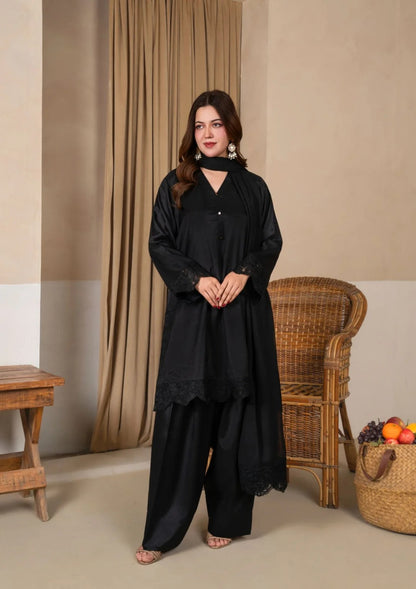 3Pc Embroidered Silk Viscose with Farshi Shalwar Black JASHAN-J26-0010