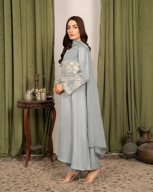 4Pc Embroidered Raw Silk Koti with Frock FATAH-F25-0023