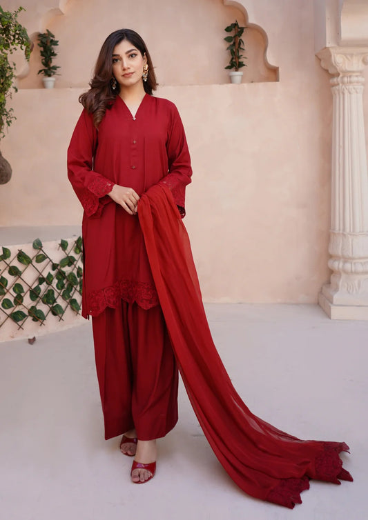 3Pc Embroidered Raw Silk with Farshi Shalwar with Chiffon Embroidered Bordered Dupatta JASHAN-S25-0034