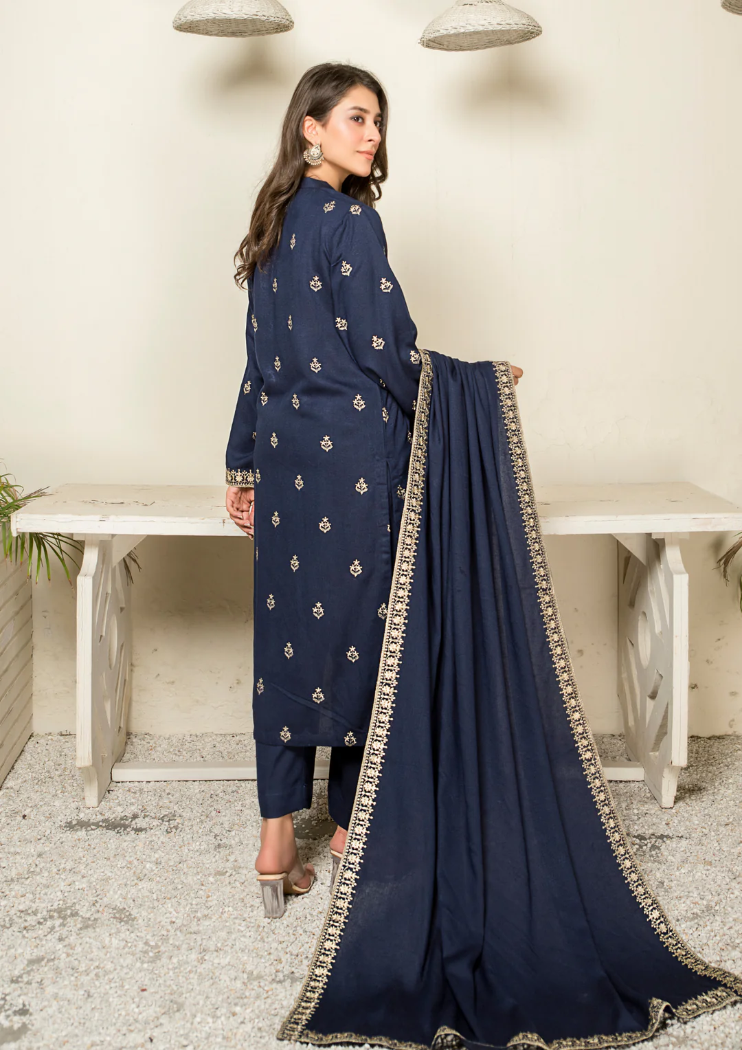 3Pc Tilla Embroidered Silk Karandi with Tilla Embroidered Border Shawl W24-TIL-0014