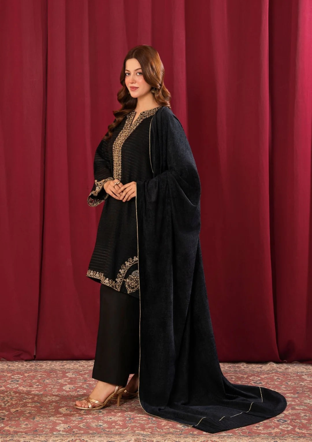 3Pc Alpine Velvet Tilla Embroidered with Velvet Shawl Black AFP-A25-0002 Regular priceRs.6,490.00