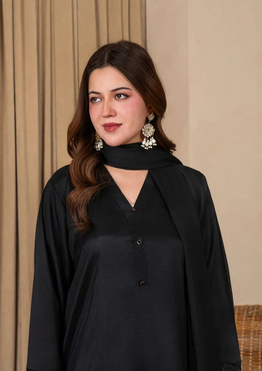 3Pc Embroidered Silk Viscose with Farshi Shalwar Black JASHAN-J26-0010