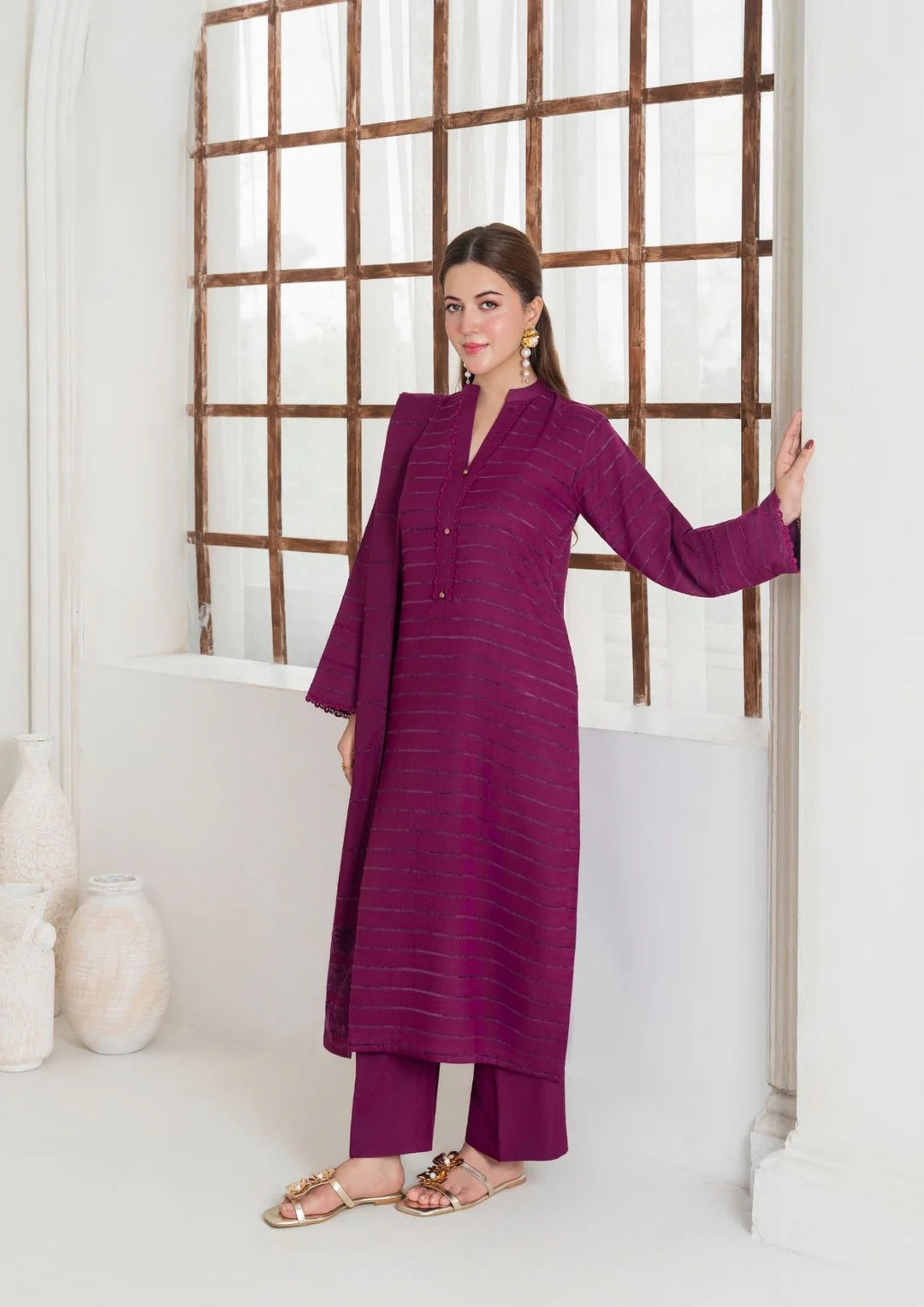 3pc Alpine Velvet Shirt with Velvet Border Shawl and Plain Trouser AML-W25-0011