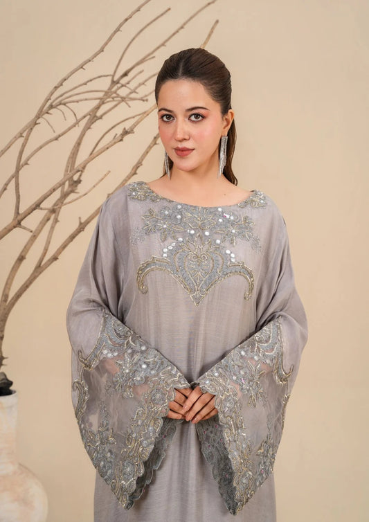 2Pc Silk Viscose Kaftan Silver JASHAN-J26-0025