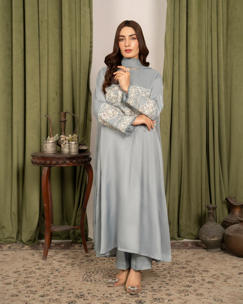 4Pc Embroidered Raw Silk Koti with Frock FATAH-F25-0023