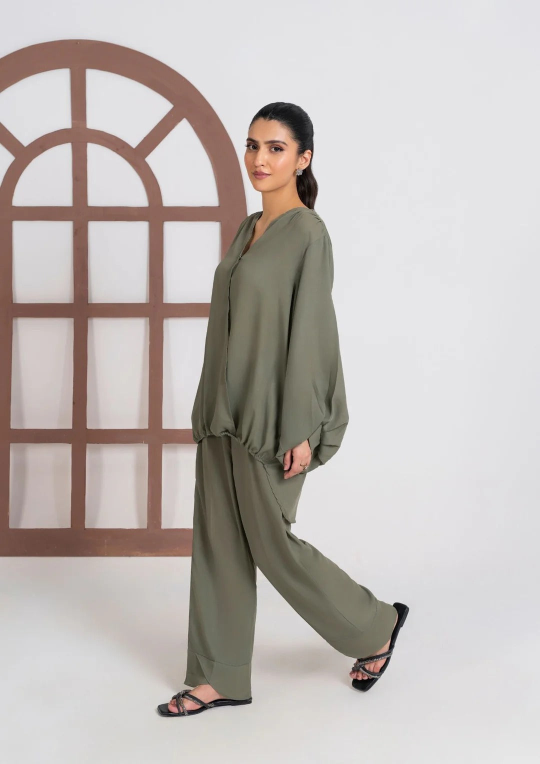 2PC Olive Georgette Co-ord Set JUPITER-J25-0007