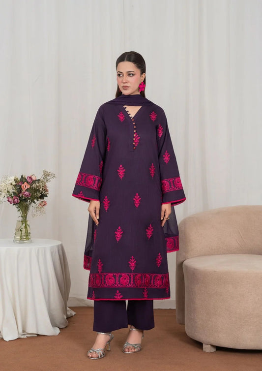 3Pc Embroidered Textured Lawn with Embroidered Border Chiffon Dupatta JASHAN-J26-0035