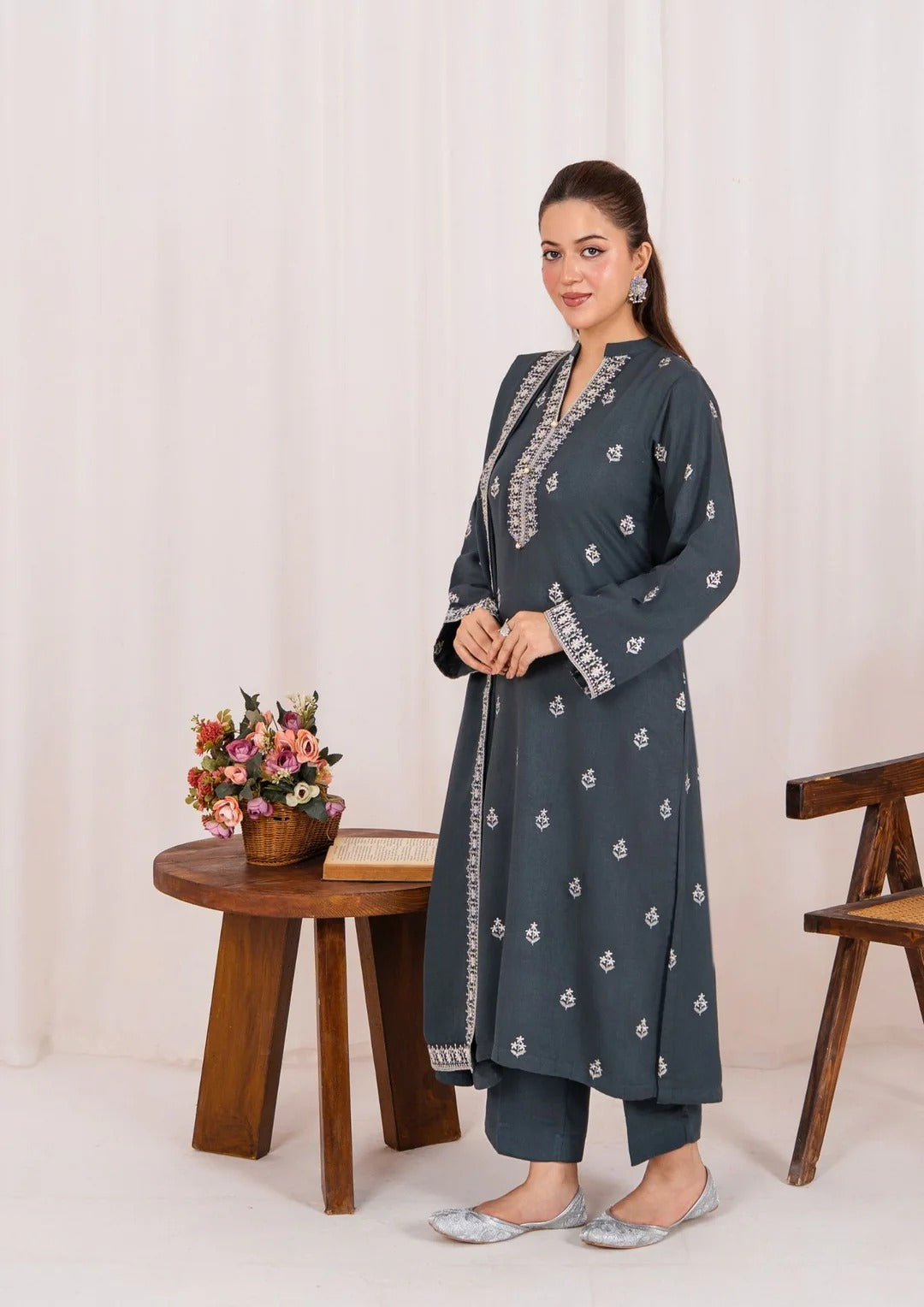 3pc Embroidered Silk Karandi with Embroidered Border Shawl AML-W25-0031