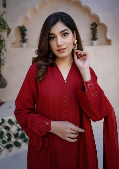 3Pc Embroidered Raw Silk with Farshi Shalwar with Chiffon Embroidered Bordered Dupatta JASHAN-S25-0034