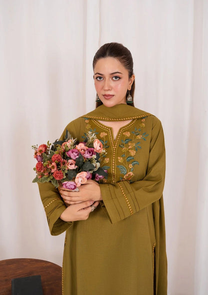 3pc Embroidered Rib Karandi with Embroidered Border Shawl AML-W25-0025