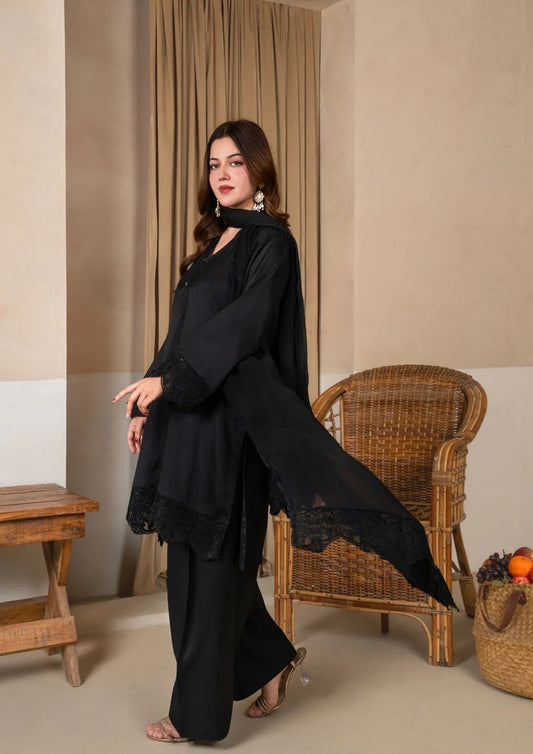 3Pc Embroidered Silk Viscose with Farshi Shalwar Black JASHAN-J26-0010