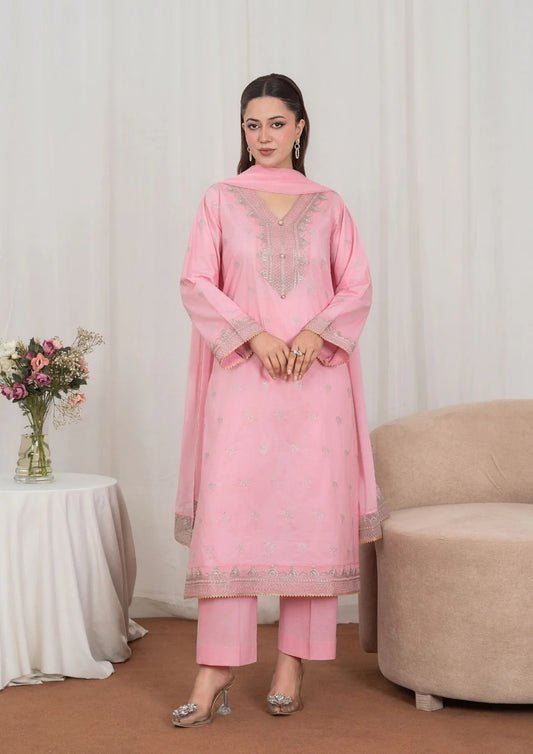 3Pc Tilla Embroidered Textured Lawn with Embroidered Border Chiffon Dupatta Pink JASHAN-J26-0028